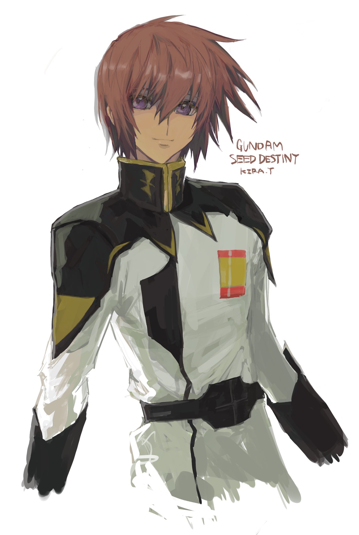 1boy brown_hair character_name copyright_name gundam gundam_seed gundam_seed_destiny highres jacket kira_yamato looking_at_viewer male_focus military military_uniform she_(morianosu) sketch smile solo uniform violet_eyes white_background white_jacket