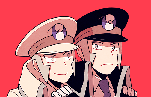 2boys black_coat black_headwear brothers closed_mouth coat collared_shirt emmet_(pokemon) grey_eyes grey_hair hands_on_another's_shoulders hat high_collar ingo_(pokemon) jaho long_sideburns male_focus multiple_boys necktie peaked_cap pokemon pokemon_(game) pokemon_bw shirt short_hair siblings sideburns smile trench_coat upper_body white_coat white_headwear white_shirt