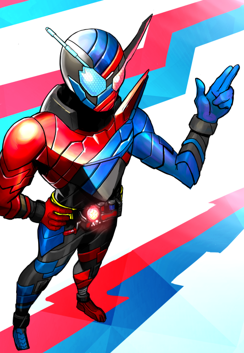 1boy animal_ears armor aze_3 black_bodysuit blue_armor blue_eyes blue_gloves bodysuit build_driver cowboy_shot electricity fullbottle gloves glowing glowing_eyes ground_vehicle heterochromia index_finger_raised kamen_rider kamen_rider_build kamen_rider_build_(series) looking_at_viewer male_focus military military_vehicle motor_vehicle multicolored_background rabbit rabbit+tank_form rabbit+tank_form_(best_match) rabbit_ears rabbit_fullbottle red_armor red_eyes red_gloves rider_belt solo standing tank tank_fullbottle tokusatsu white_background