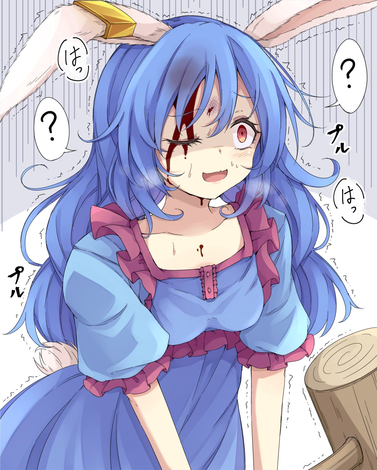 1girl animal_ears bangs blood blood_on_face blue_dress blue_hair breasts buttons collarbone commentary_request dress eyebrows_visible_through_hair frills grey_background hair_between_eyes hammer highres long_hair looking_to_the_side medium_breasts neko_mata one_eye_closed open_mouth puffy_short_sleeves puffy_sleeves rabbit_ears rabbit_tail red_eyes seiran_(touhou) shaded_face short_sleeves smile solo speech_bubble standing steam sweat sweatdrop tail touhou trembling weapon white_background
