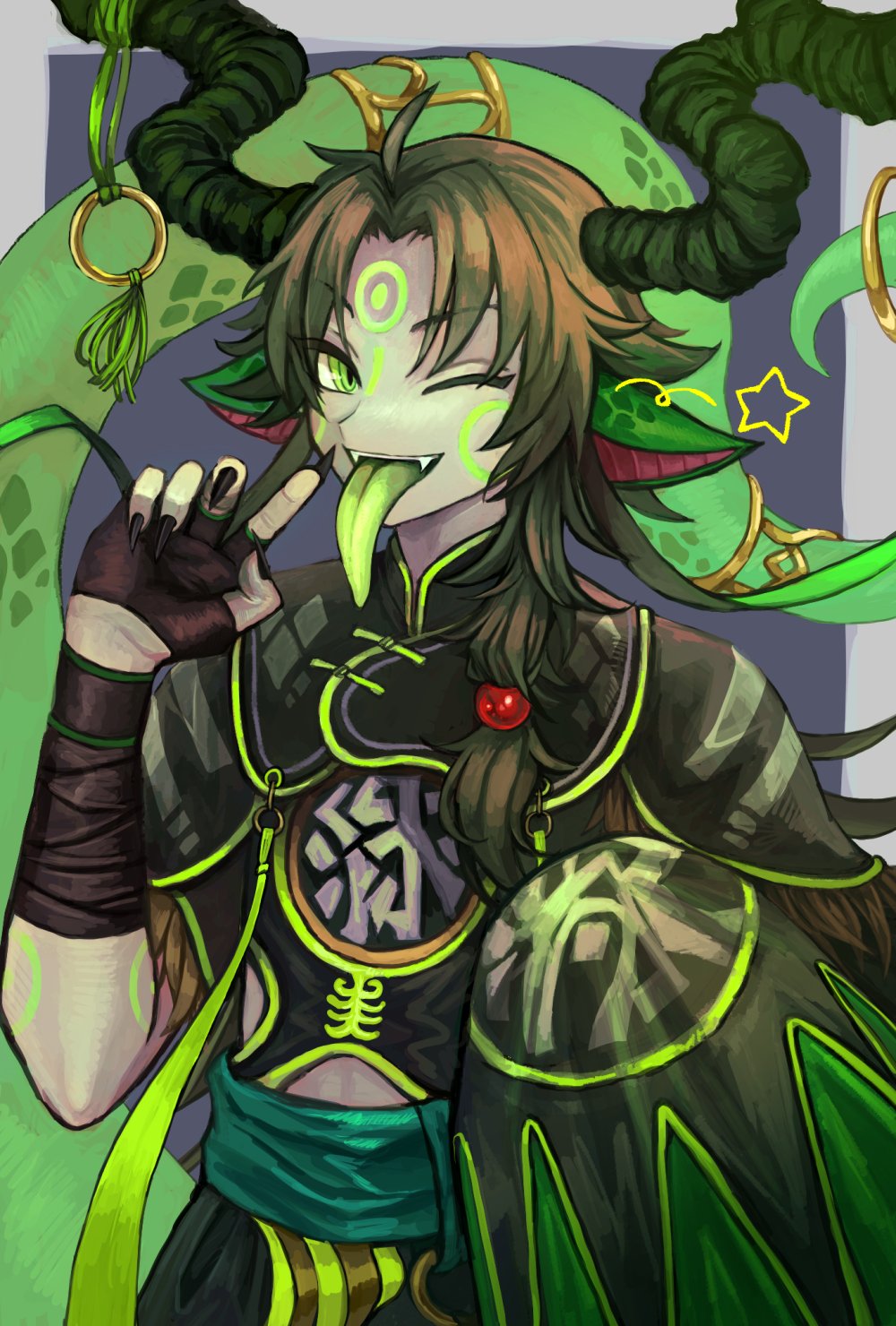 029bdpq 1boy ahoge androgynous animal_ears arm_wrap black_nails blue_background border brown_hair chinese_clothes colored_tongue commission dragon_boy dragon_tail facial_mark fangs fingerless_gloves fingernails gloves green_eyes green_tongue grey_border half_gloves hand_up highres horn_ornament horns long_tongue looking_at_viewer male_focus mandarin_collar medium_hair monster_boy one_eye_closed open_mouth original ringed_eyes sharp_fingernails side_ponytail skeb_commission solo tail tail_ornament tongue tongue_out upper_body