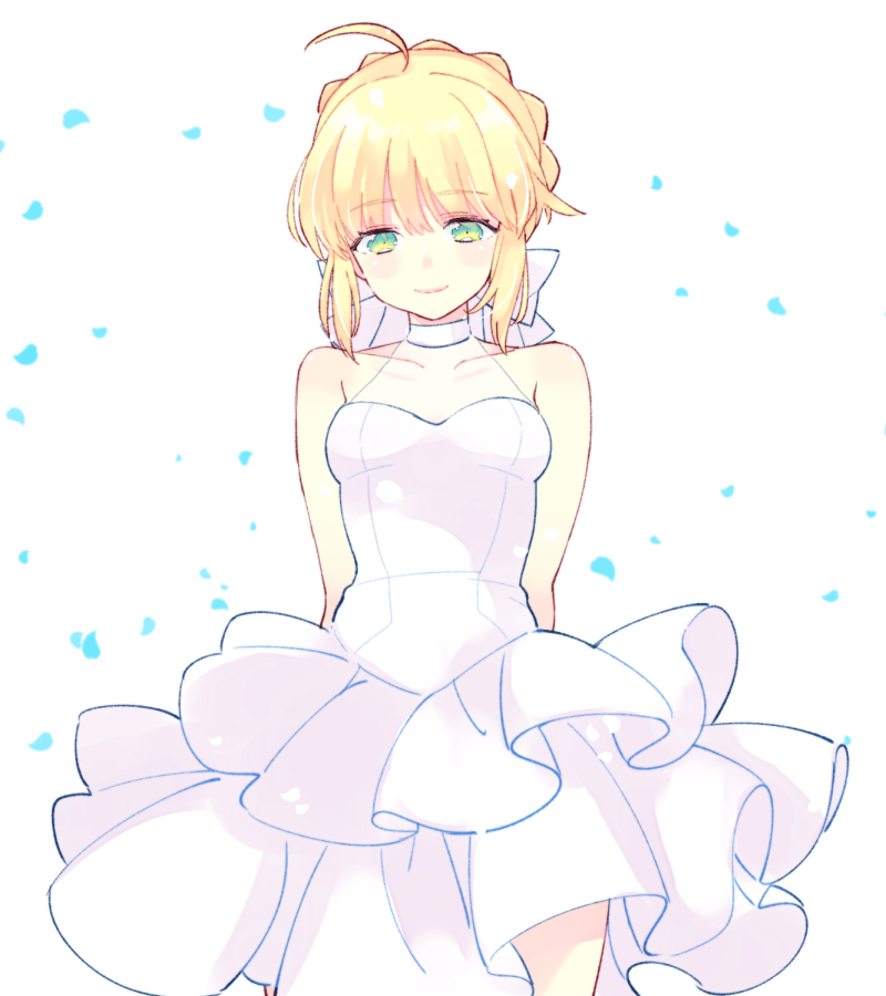1girl 87banana ahoge arms_behind_back artoria_pendragon_(fate) back_bow bangs bare_arms bare_legs bare_shoulders blonde_hair bow collar commentary_request dress eyebrows_visible_through_hair fate/stay_night fate_(series) green_eyes looking_at_viewer saber short_hair sidelocks smile solo strapless strapless_dress upper_body white_collar white_dress