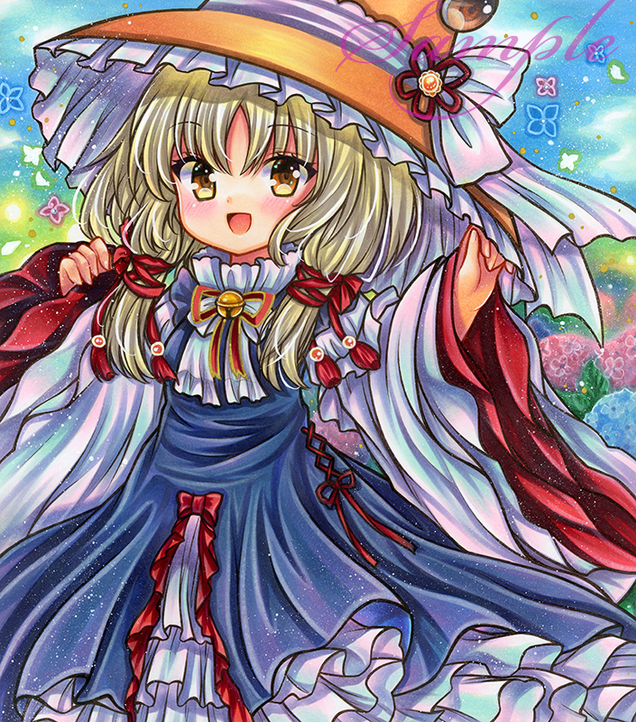 1girl :d bangs bell blonde_hair blue_dress blush bow cowboy_shot day dot_nose dress dress_bow embellished_costume eyebrows_visible_through_hair flower frilled_dress frilled_hat frills hair_ribbon hands_up hat hat_ornament hat_ribbon jingle_bell layered_sleeves long_hair long_sleeves looking_at_viewer moriya_suwako neck_bell neck_ribbon open_mouth orange_headwear outdoors parted_bangs pinching_sleeves red_bow red_ribbon ribbon rui_(sugar3) sample_watermark sidelocks sleeves_past_wrists smile solo standing tassel touhou traditional_media white_ribbon white_sleeves wide_sleeves yellow_eyes