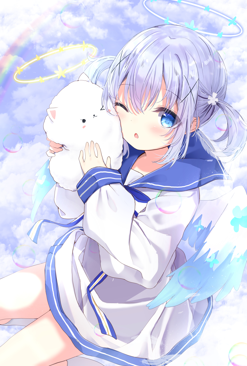 &gt;_o 1girl ;o angora_rabbit animal bangs blue_eyes blue_hair blue_sailor_collar blush clouds cloudy_sky commentary_request day dress eyebrows_visible_through_hair flower gochuumon_wa_usagi_desu_ka? hair_between_eyes hair_flower hair_ornament halo highres holding holding_animal kafuu_chino knees kouda_suzu long_sleeves one_eye_closed outdoors parted_lips puffy_long_sleeves puffy_sleeves rabbit rainbow sailor_collar sailor_dress sky sleeves_past_wrists socks tippy_(gochiusa) twintails white_dress white_flower white_legwear x_hair_ornament