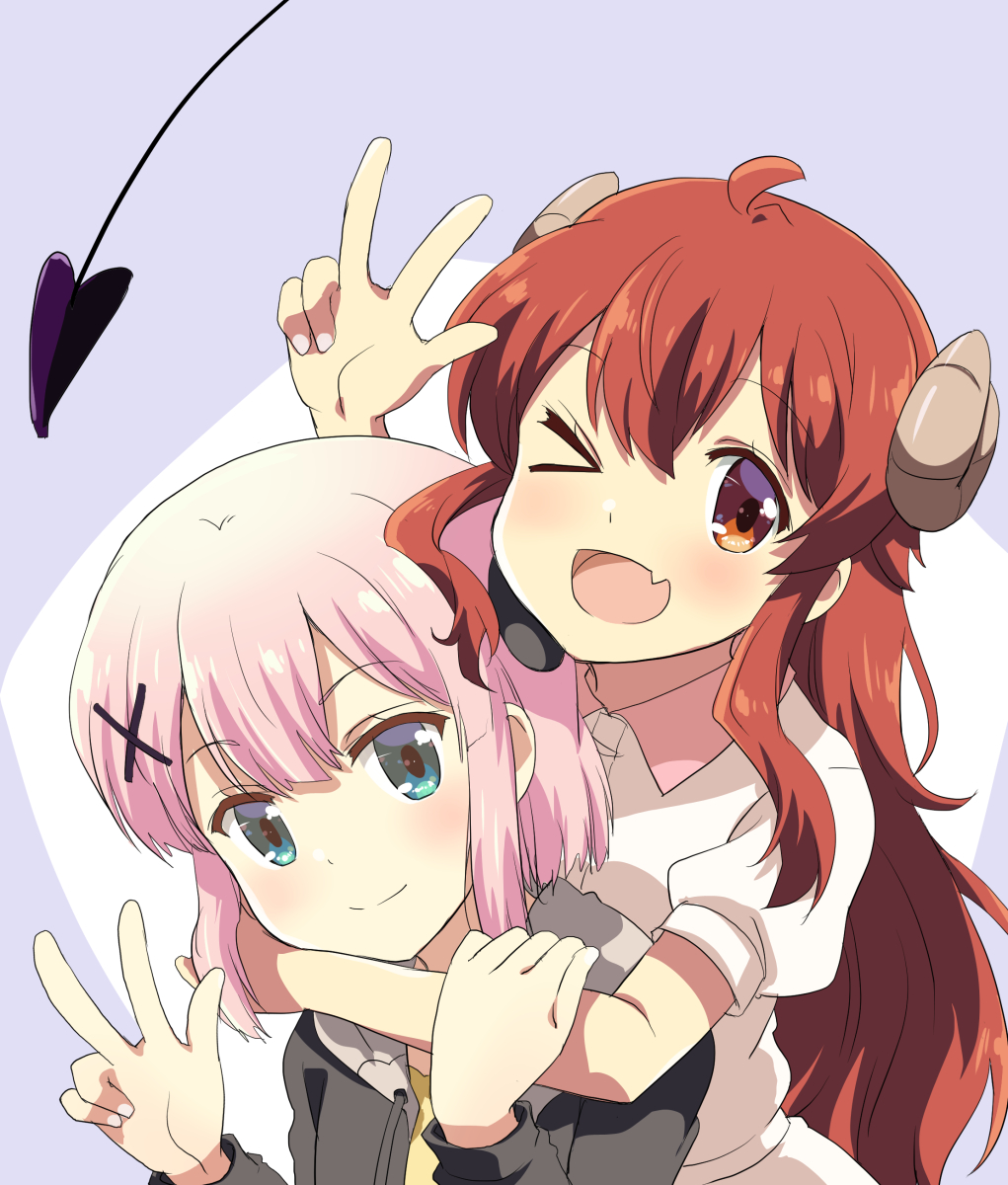 2girls blue_eyes blush brown_eyes brown_hair chiyoda_momo closed_mouth demon_girl demon_horns demon_tail eyebrows_visible_through_hair gobera hair_ornament highres horns hug hug_from_behind long_hair machikado_mazoku multiple_girls one_eye_closed open_mouth pink_hair shiny shiny_hair short_hair smile tail upper_body w x_hair_ornament yoshida_yuuko_(machikado_mazoku) yuri