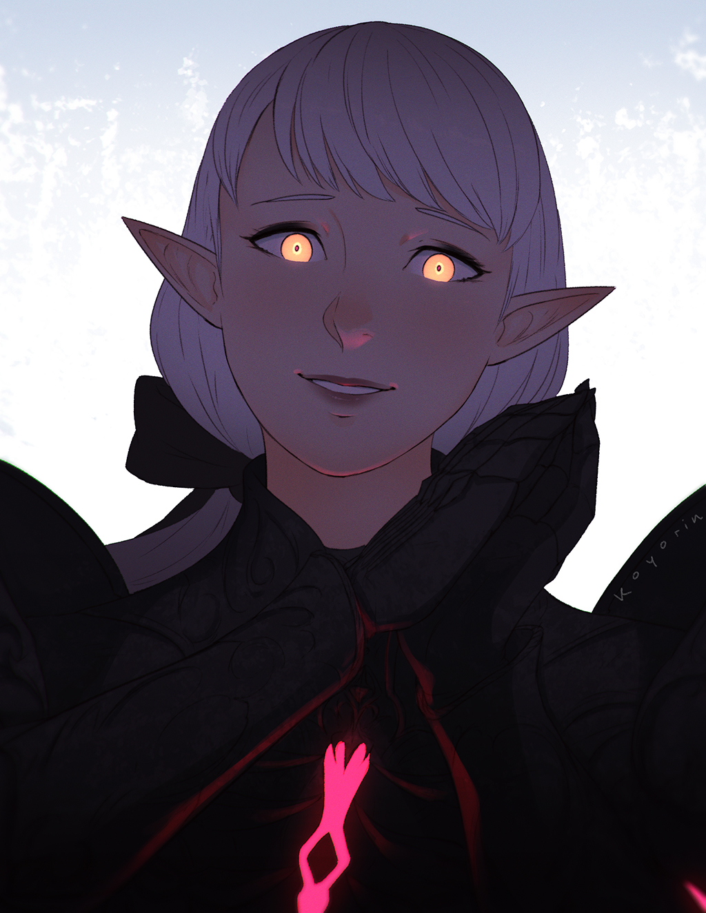 1girl ameliance_leveilleur armor black_armor black_bow bow commentary elezen elf final_fantasy final_fantasy_xiv glowing glowing_eyes hair_bow head_tilt highres koyorin looking_at_viewer parted_lips pointy_ears solo white_hair yellow_eyes