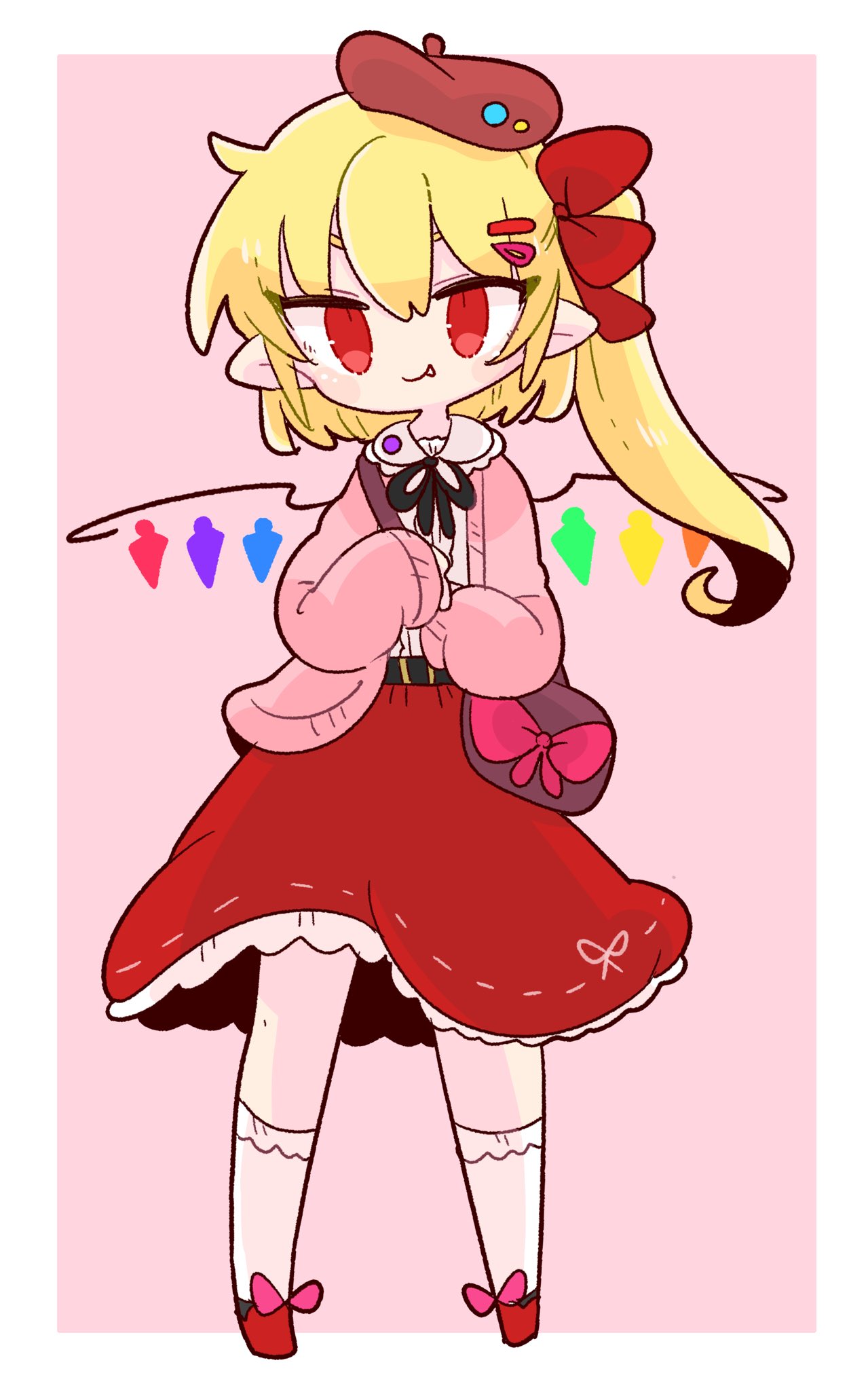 1girl blonde_hair bow chibi eyebrows_behind_hair fang fang_out flandre_scarlet full_body hair_ornament hairclip hat highres legs_apart long_hair long_sleeves looking_at_viewer op_na_yarou pink_background pointy_ears red_bow red_eyes red_footwear red_skirt ribbon shirt simple_background skirt sleeves_past_wrists smile solo touhou white_legwear wings