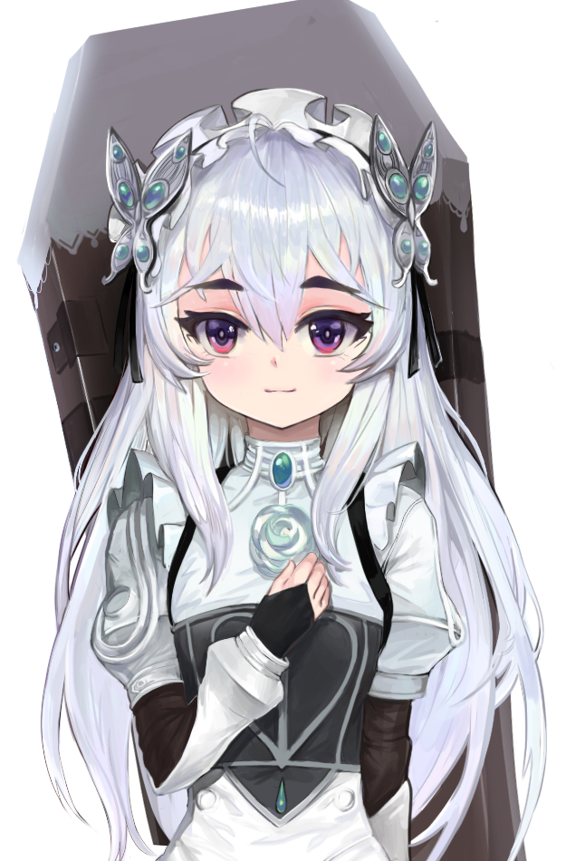 1girl bangs black_hairband bridal_gauntlets butterfly_hair_ornament chaika_trabant closed_mouth dokomon dress eyebrows_visible_through_hair frilled_hairband frills grey_hair hair_between_eyes hair_ornament hairband hand_up hitsugi_no_chaika juliet_sleeves long_hair long_sleeves puffy_sleeves simple_background smile solo thick_eyebrows upper_body very_long_hair violet_eyes white_background white_dress