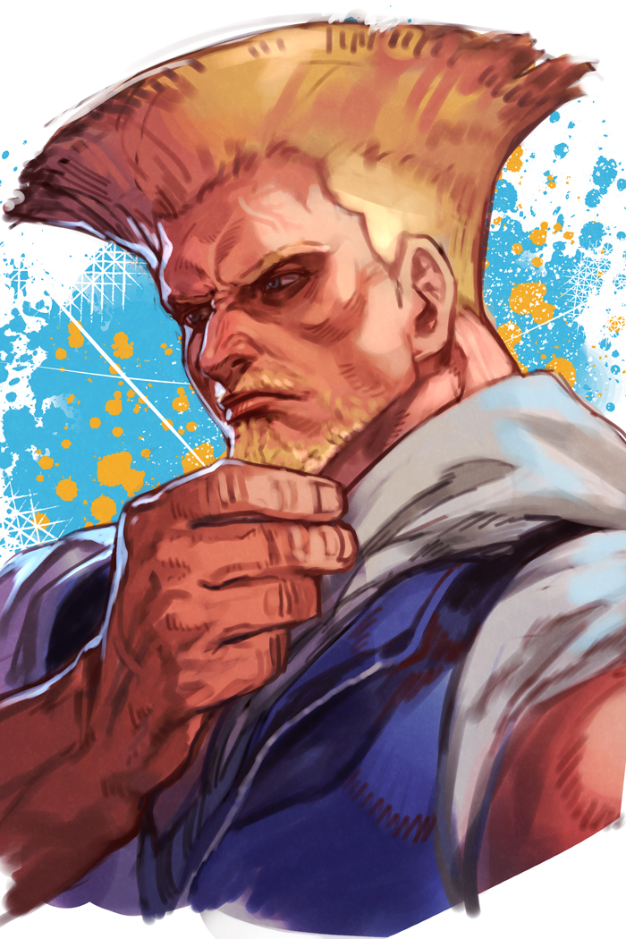 1boy beard blonde_hair blue_eyes closed_mouth facial_hair guile hand_on_own_chin hankuri male_focus muscular muscular_male short_hair solo street_fighter street_fighter_6 upper_body