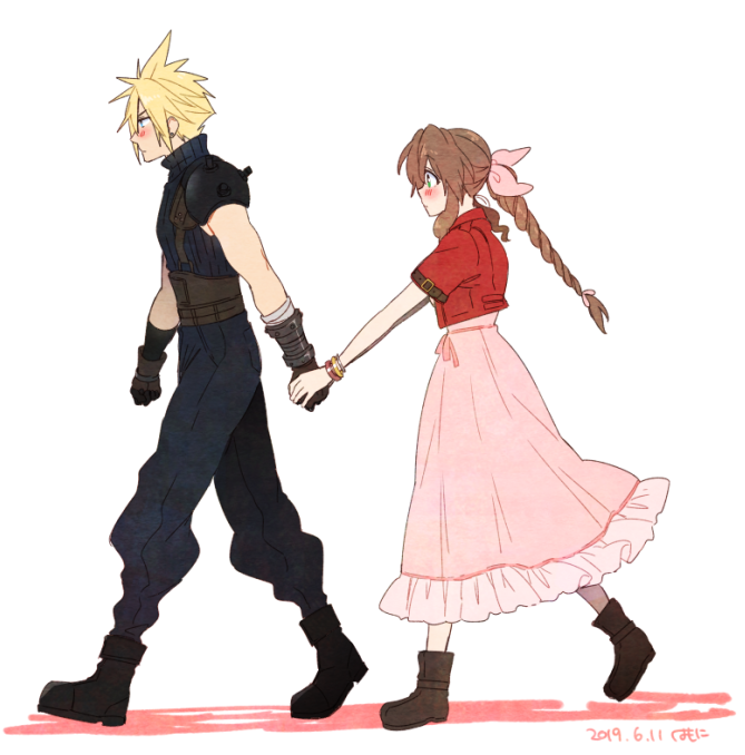 1boy 1girl aerith_gainsborough armor baggy_pants bangs belt blonde_hair blue_eyes blue_pants blush boots bracelet braid braided_ponytail brown_hair cloud_strife couple cropped_jacket dress earrings final_fantasy final_fantasy_vii final_fantasy_vii_remake full_body gloves green_eyes hair_between_eyes hair_ribbon holding_hands jacket jewelry krudears long_dress multiple_belts pants parted_bangs pink_dress red_jacket ribbon shoulder_armor sidelocks single_earring spiky_hair suspenders walking wavy_hair white_background