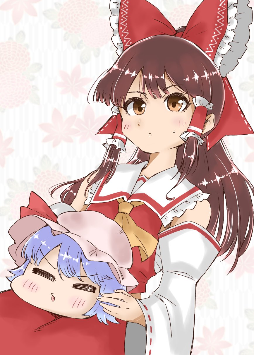 2girls :/ =_= ascot bare_shoulders blue_hair blush bow brown_eyes brown_hair detached_sleeves floral_background hair_bow hair_tubes hakurei_reimu hat highres kong_some long_hair looking_ahead multiple_girls red_bow remilia_scarlet ribbon_trim simple_background sitting touhou yukkuri_shiteitte_ne