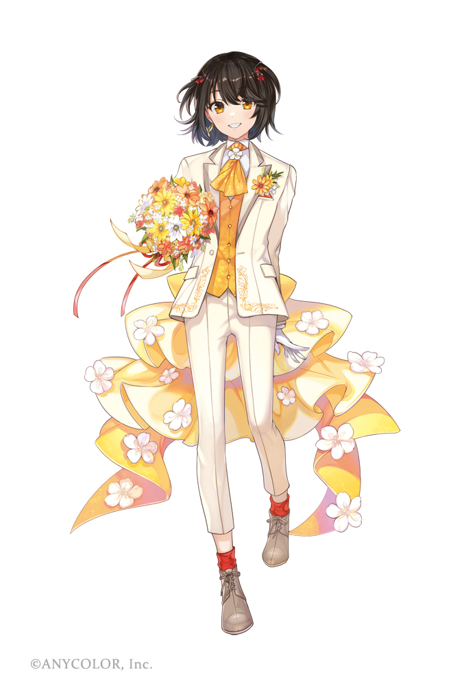 1boy androgynous ascot back_bow black_hair bouquet boutonniere bow brown_footwear collared_shirt copyright earrings flower flower_ornament flower_request frills full_body gathers gloves grin groom holding holding_bouquet jacket jewelry looking_at_viewer male_focus mashiro_(nijisanji) matsurika_youko nijisanji official_art open_clothes open_jacket orange_flower pants pocket_square red_legwear shirt shoes short_hair simple_background smile socks solo suit_jacket two_side_up vest virtual_youtuber white_background white_flower white_gloves white_jacket white_pants white_shirt yellow_ascot yellow_eyes yellow_flower yellow_vest