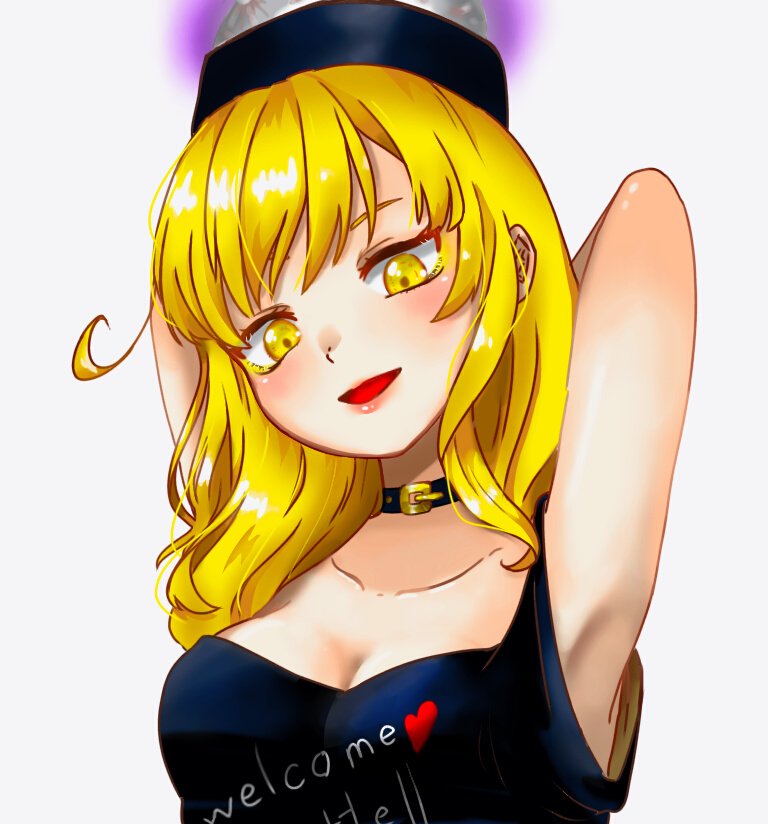 1girl armpits arms_behind_back arms_up bangs bare_shoulders black_choker black_headwear black_shirt blonde_hair blush breasts choker clothes_writing collarbone commentary_request eyebrows_visible_through_hair hair_between_eyes hands_up heart heart_print hecatia_lapislazuli hecatia_lapislazuli_(moon) looking_down medium_breasts medium_hair moon_(ornament) open_mouth polos_crown shirt simple_background sleeveless sleeveless_shirt smile solo t-shirt touhou upper_body utagi_0216 white_background yellow_eyes