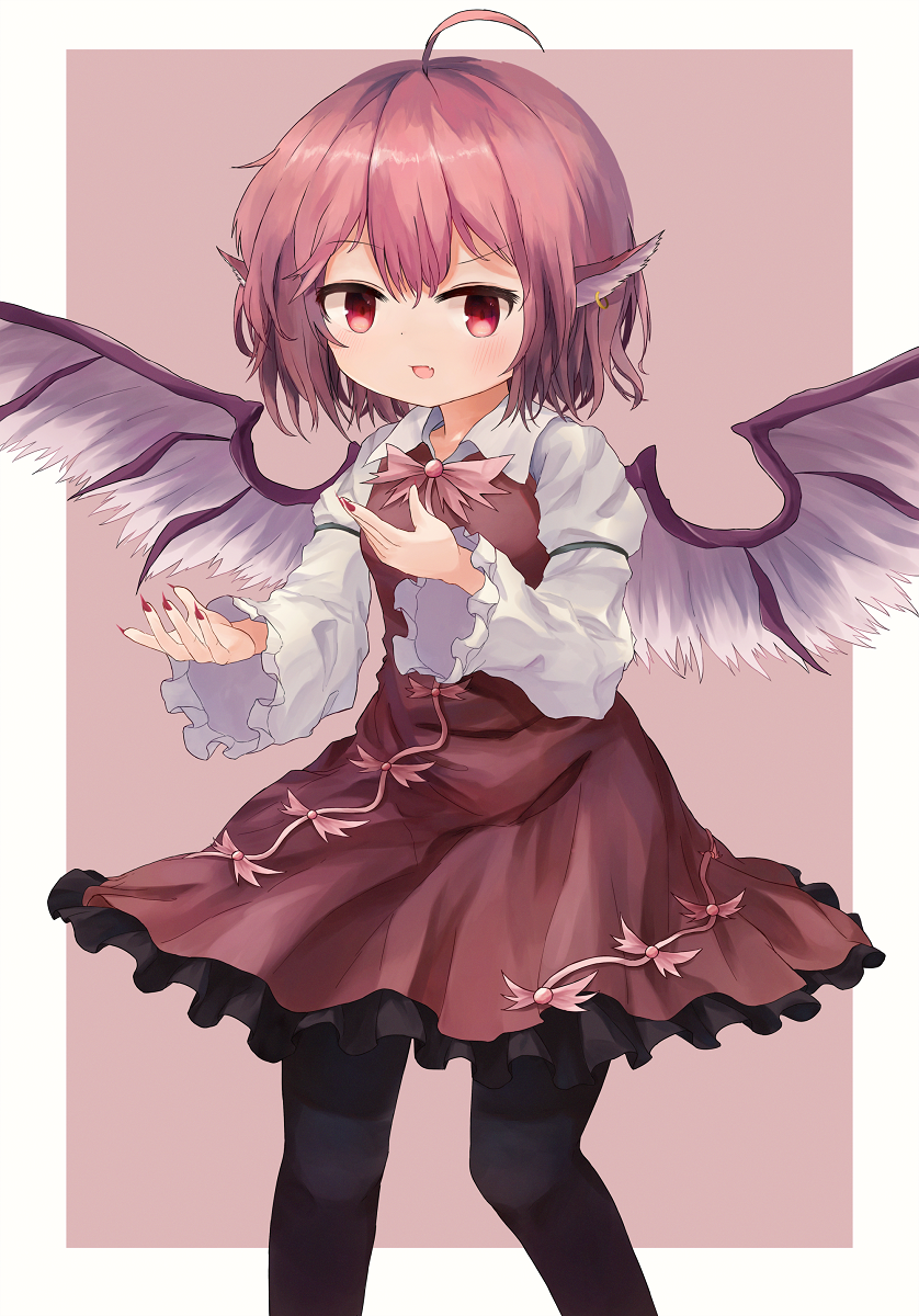 1girl ahoge animal_ears ar_(maeus) bird_ears bird_wings black_legwear blush brown_dress dress earrings eyebrows_visible_through_hair feet_out_of_frame fingernails frilled_dress frilled_sleeves frills hair_between_eyes highres jewelry long_fingernails long_sleeves mystia_lorelei nail_polish no_hat no_headwear open_mouth pantyhose pink_hair red_eyes red_nails sharp_fingernails short_hair single_earring solo touhou white_wings wide_sleeves wings