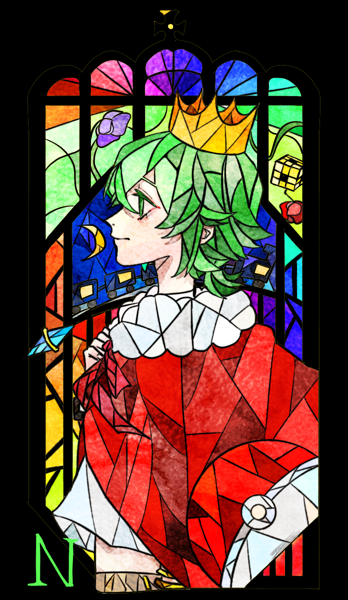 1boy bangs capelet character_name colored_eyelashes crescent_moon crown flower fumiti_18 fur_collar gem green_eyes green_hair hand_on_own_chest highres jewelry male_focus midriff moon n_(pokemon) neck_ribbon necklace poke_ball pokemon pokemon_(game) pokemon_bw ponytail profile ribbon rubik's_cube short_hair smile solo stained_glass