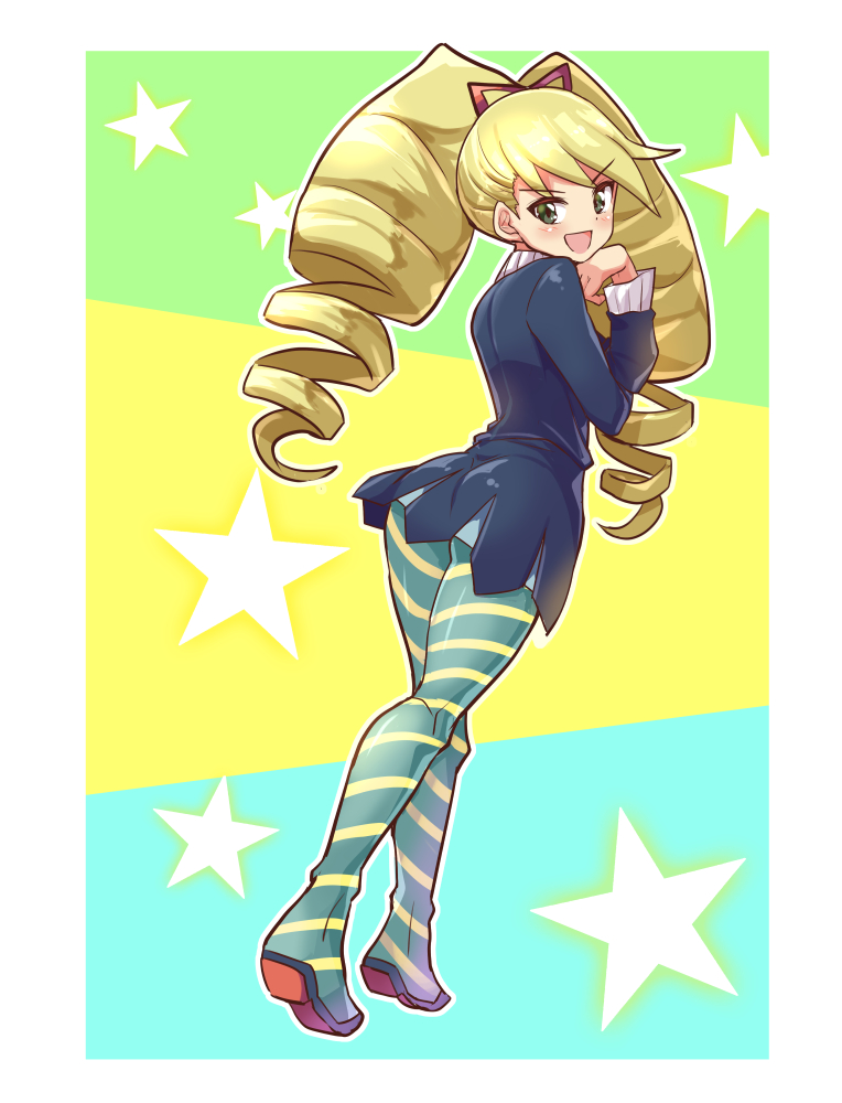 1girl bangs big_hair blonde_hair blue_legwear blush cougar_(cougar1404) drill_hair green_eyes long_hair luna_platz_(mega_man) mega_man_(series) mega_man_star_force open_mouth pantyhose ribbon smile solo striped striped_legwear twin_drills twintails