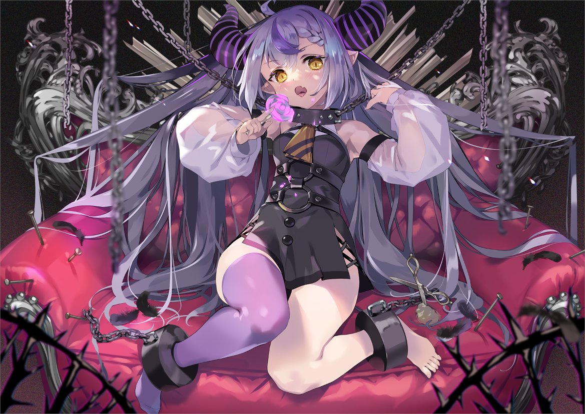 1girl armchair black_dress braid chain chair cuffs detached_sleeves dress fang full_body hololive horns la+_darknesss long_hair looking_at_viewer multicolored_hair necktie open_mouth oswald_musashi pointy_ears purple_hair purple_legwear shackles sidelocks single_thighhigh sitting solo streaked_hair striped_horns striped_necktie thigh-highs thigh_gap tongue very_long_hair virtual_youtuber yellow_eyes