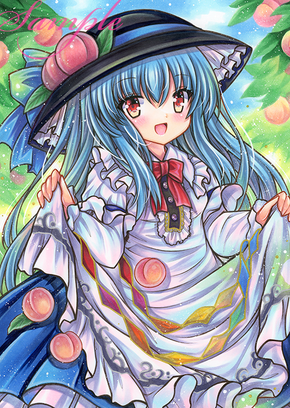 1girl :d apron bangs black_headwear blue_hair blue_ribbon blue_skirt blush bow bowtie buttons center_frills cowboy_shot day dot_nose embellished_costume eyebrows_visible_through_hair food frilled_shirt frilled_shirt_collar frills fruit fruit_hat_ornament hair_between_eyes hat hat_ornament hat_ribbon hinanawi_tenshi leaf long_hair long_sleeves looking_at_viewer marker_(medium) open_mouth outdoors peach rainbow_order red_bow red_bowtie red_eyes ribbon rui_(sugar3) sample_watermark shirt skirt skirt_hold smile solo standing touhou traditional_media very_long_hair white_apron white_shirt