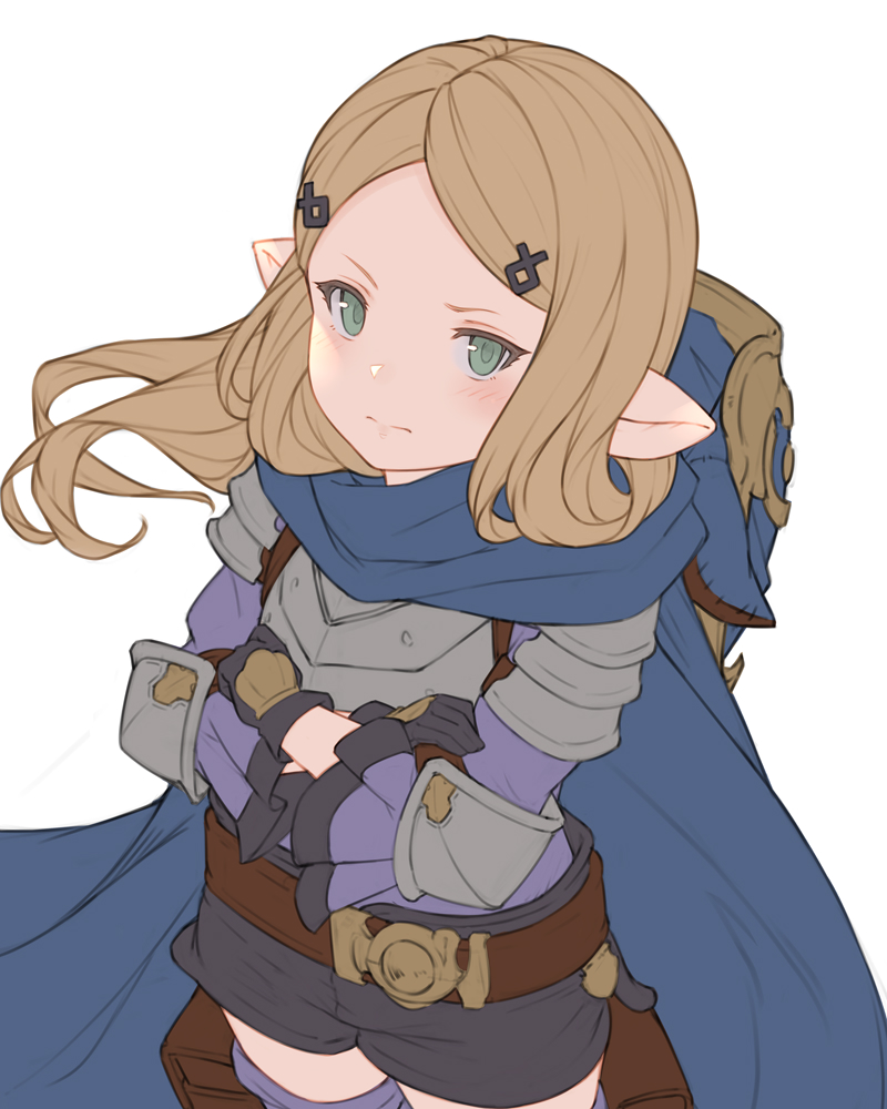 1girl armor belt black_gloves blonde_hair blue_cloak blush breastplate cloak closed_mouth cowboy_shot crossed_arms gloves granblue_fantasy green_eyes hair_ornament harvin holster hood hood_down hooded_cloak long_sleeves looking_at_viewer milleore pointy_ears pouch purple_shirt shirt shorts shoulder_armor simple_background solo thigh_holster white_background wuming