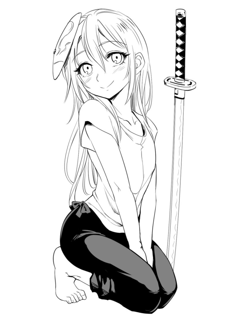 1other androgynous barefoot closed_mouth full_body funnyari greyscale long_hair looking_at_viewer monochrome rimuru_tempest simple_background smile solo sword tensei_shitara_slime_datta_ken weapon white_background