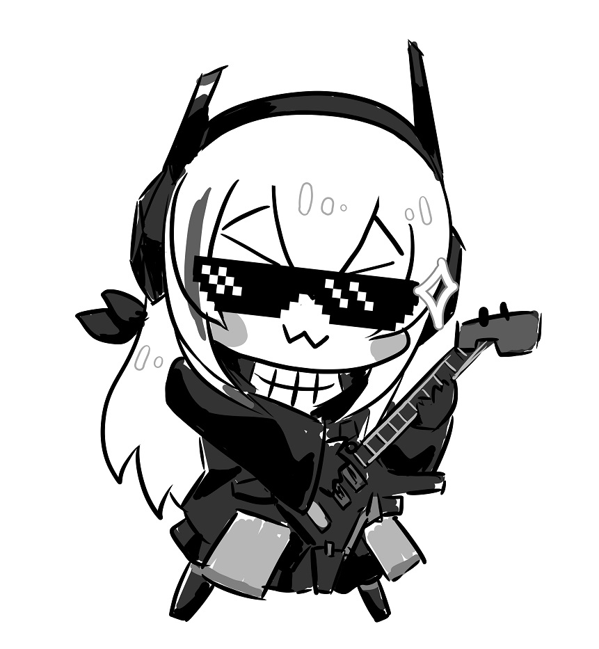 1girl :3 bangs black_jacket blush_stickers chibi chika_(keiin) commentary_request deal_with_it full_body girls_frontline gloves greyscale guitar hair_between_eyes headgear holding holding_instrument instrument jacket long_hair long_sleeves looking_at_viewer m4_sopmod_ii_jr monochrome multicolored_hair simple_background solo streaked_hair sunglasses white_background