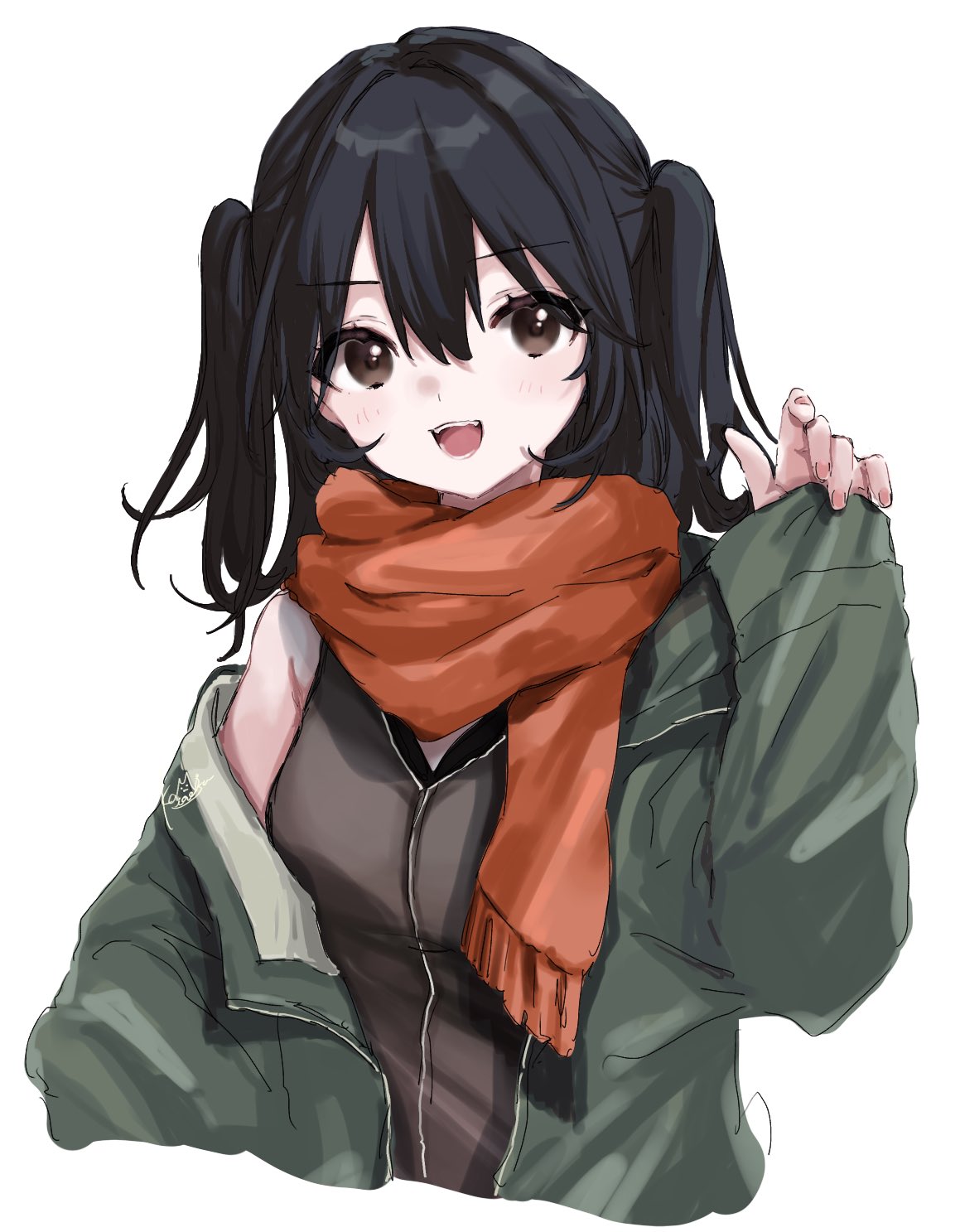 1girl bangs black_hair blush breasts brown_eyes eyebrows_visible_through_hair highres jacket kamisuiori kantai_collection long_sleeves looking_at_viewer medium_breasts off_shoulder official_alternate_costume open_clothes open_jacket open_mouth orange_scarf scarf sendai_(kancolle) signature simple_background sleeves_past_wrists solo twintails two_side_up white_background