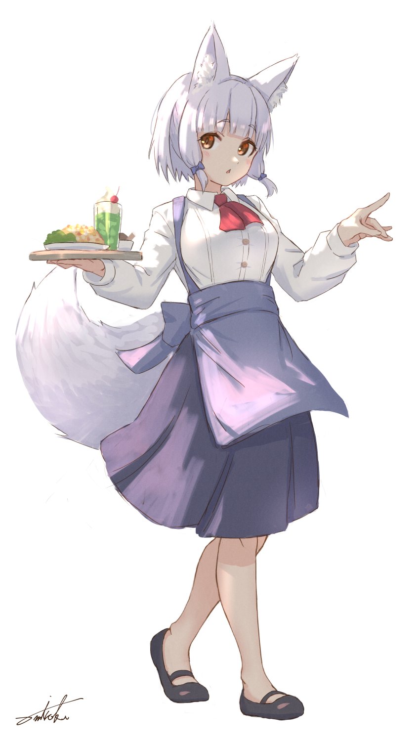 1girl animal_ears apron blush dress eyebrows_visible_through_hair fox_ears highres long_hair looking_at_viewer machikado_mazoku open_mouth riko_(machikado_mazoku) short_hair skirt solo tail tray umiroku waitress