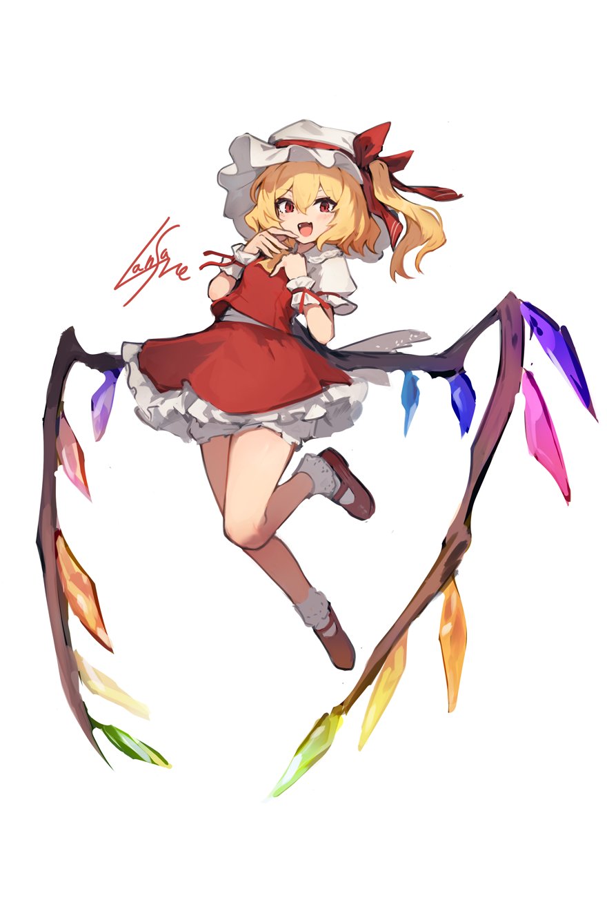 1girl :d ascot bangs blonde_hair bloomers blush commentary_request crystal fang flandre_scarlet full_body hat hat_ribbon highres lansane looking_at_viewer mary_janes mob_cap one_side_up open_mouth petticoat puffy_short_sleeves puffy_sleeves red_eyes red_footwear red_ribbon red_skirt red_vest ribbon shoes short_sleeves signature skin_fang skirt smile socks solo touhou underwear vest white_background white_legwear wings wrist_cuffs yellow_ascot