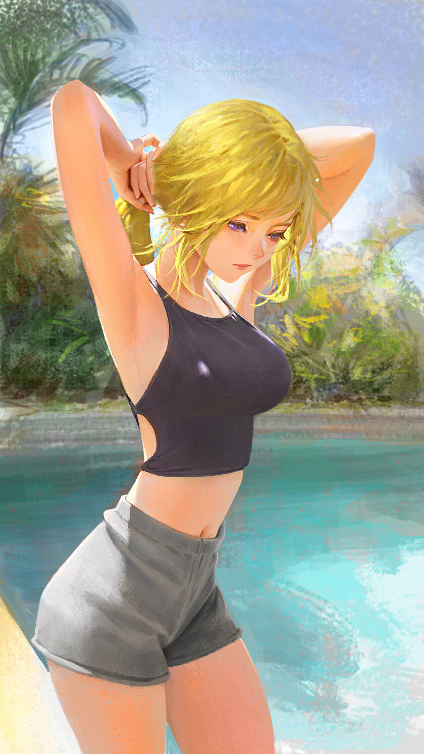 1girl blonde_hair blue_eyes breasts clear_sky closed_mouth cowboy_shot from_side grey_shorts highres large_breasts lips looking_down mole mole_under_eye mu_si_(africas) navel original ponytail pool shorts sky solo tying_hair