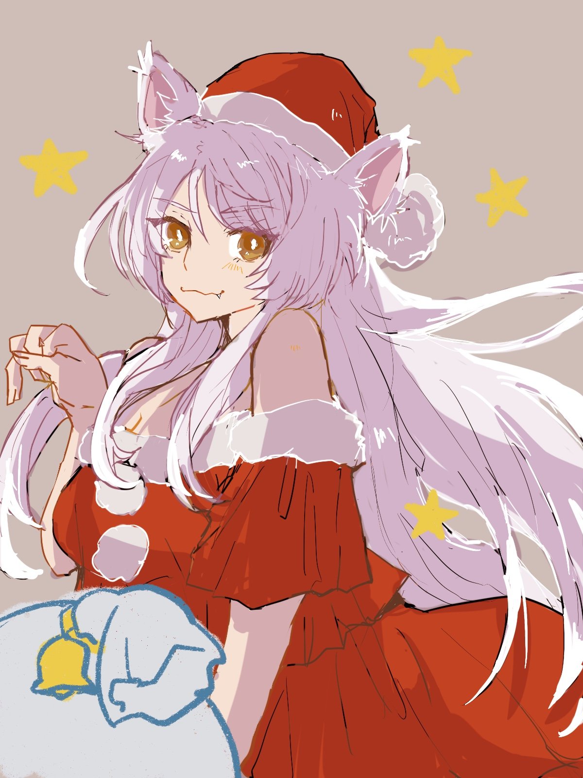 1girl animal_ears bag bakeneko bare_shoulders black_hanekawa breasts cat_ears cat_girl christmas closed_mouth commentary_request fang fang_out gift_bag hanekawa_tsubasa hat highres large_breasts long_hair looking_at_viewer monogatari_(series) paw_pose santa_costume santa_hat solo star_(symbol) valhalla0707 very_long_hair white_hair yellow_eyes