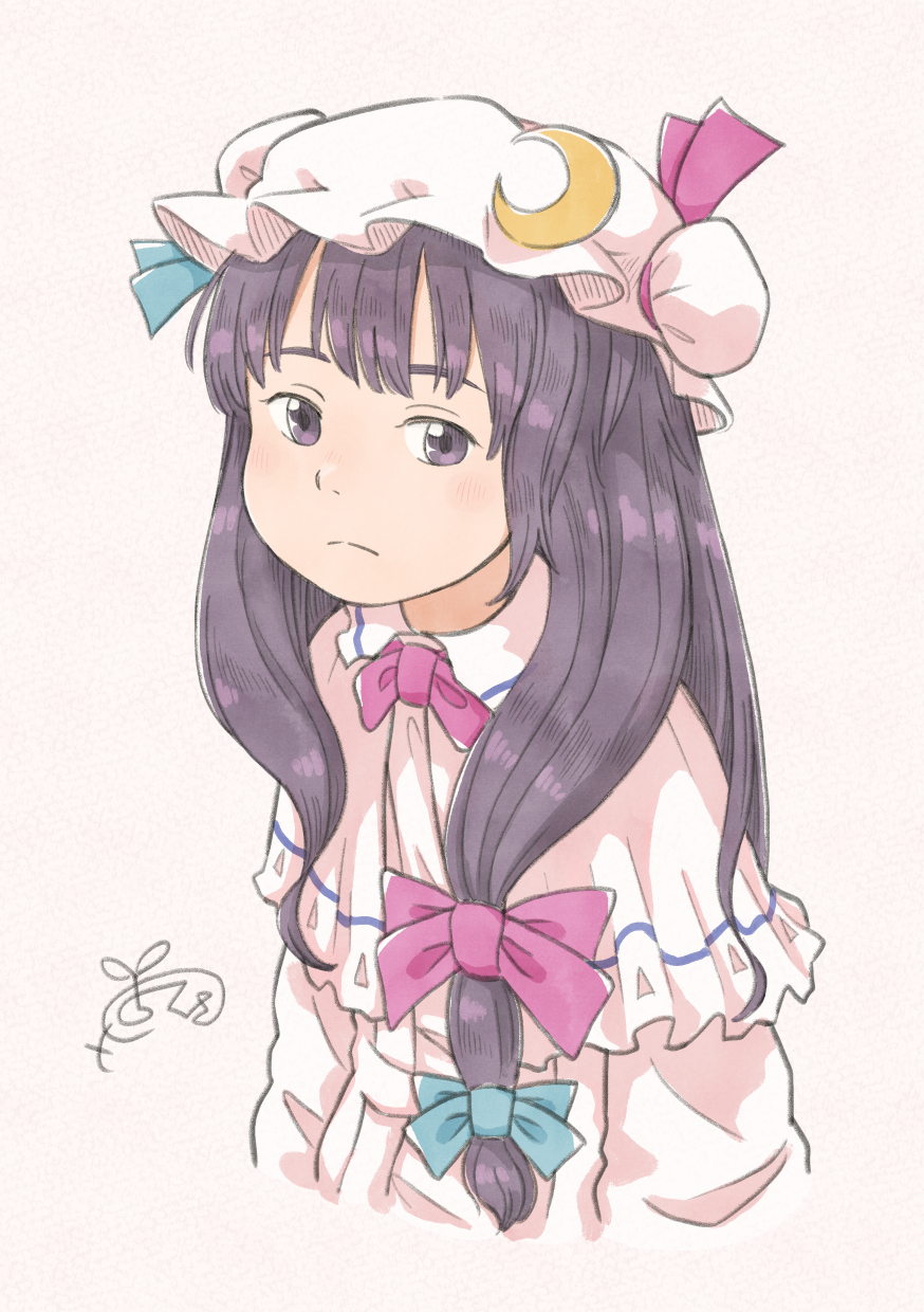 1girl bangs bow capelet chii-kun_(seedyoulater) closed_mouth crescent cropped_torso dress expressionless hat highres light_blush long_hair looking_at_viewer mob_cap patchouli_knowledge purple_hair ribbon signature simple_background solo touhou upper_body violet_eyes