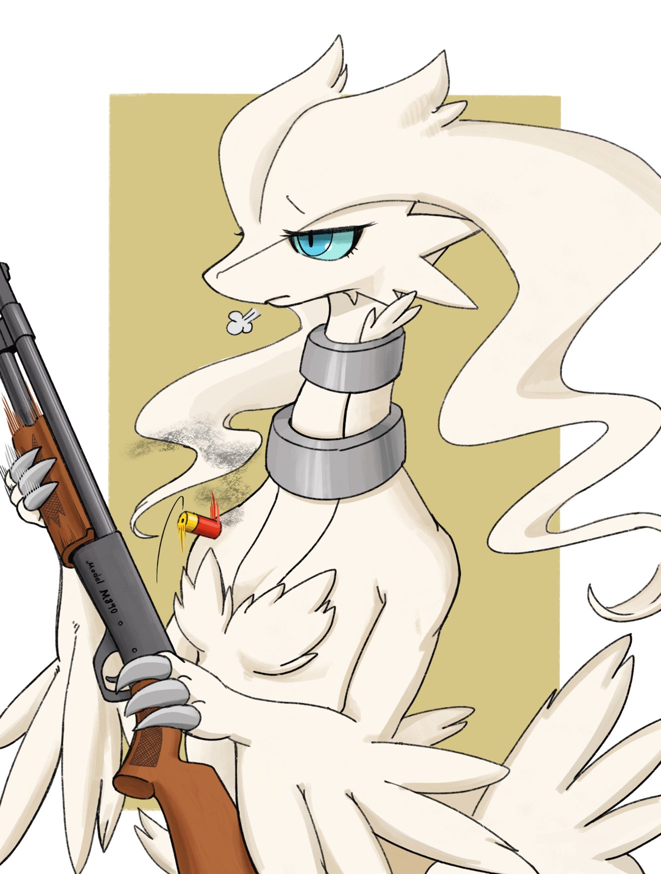 animal_focus blue_eyes claws closed_mouth collar colored_sclera commentary dragon english_commentary frown gun highres holding holding_gun holding_weapon looking_away looking_to_the_side no_humans pokemon pokemon_(creature) pump_action reshiram shotgun shotgun_shell sigh simple_background slit_pupils solo upper_body velka weapon white_background yellow_background