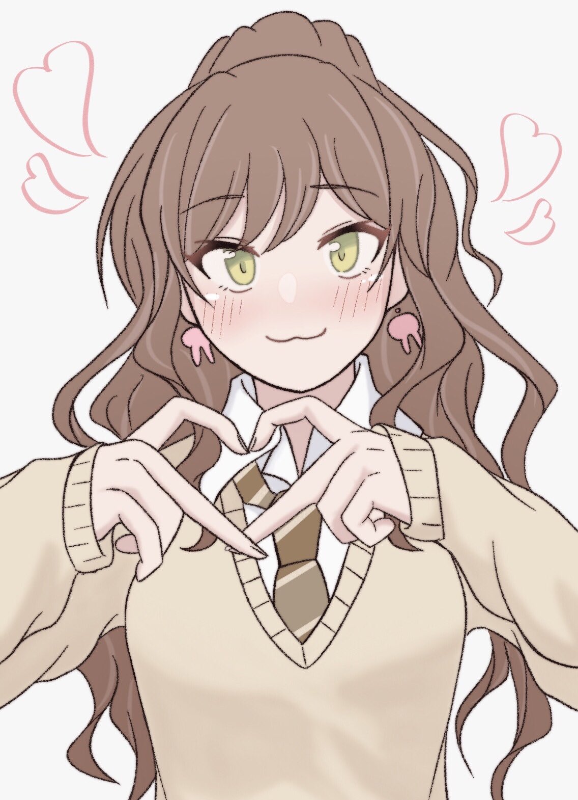 bang_dream! blush brown_hair brown_necktie collared_shirt earrings eyebrows_visible_through_hair green_eyes grey_background heart heart_hands highres imai_lisa jewelry long_hair looking_at_viewer necktie portrait shirt smile sodai_(kirehnagomi) sweater white_shirt yellow_sweater