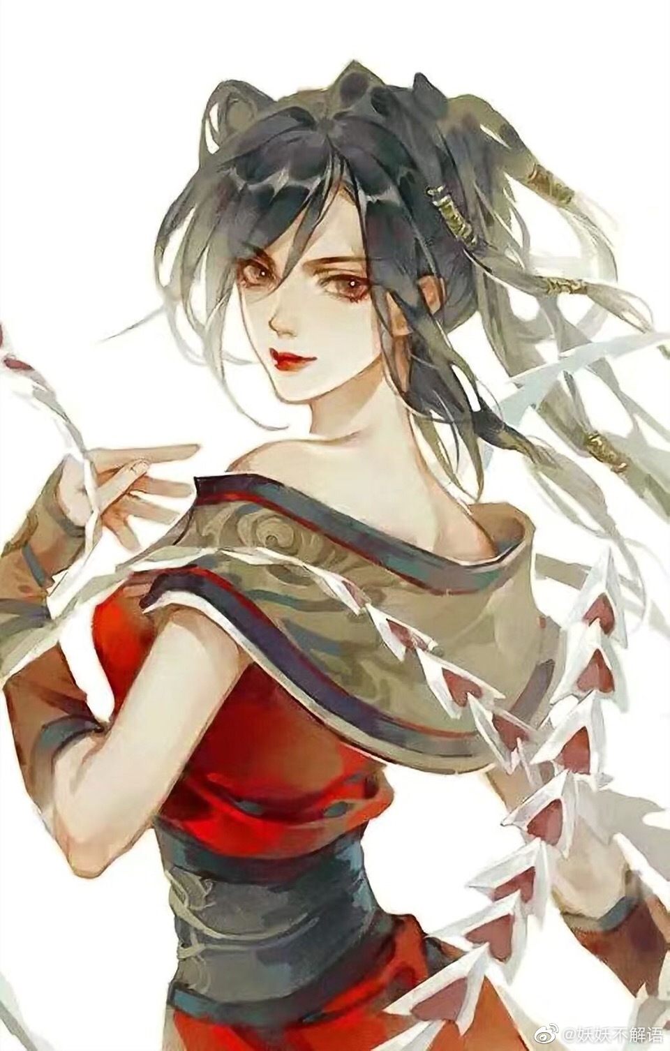 1girl back bare_shoulders black_hair chi_lian_(qin_shi_ming_yue) dress hair_rings highres long_hair looking_back qin_shi_ming_yue red_dress red_lips sash smile solo upper_body whip white_background yaoyao_bujie_yu