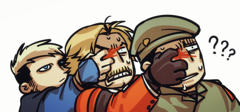 3boys ? ?? beret blonde_hair blood facial_hair goenitz hat heidern multicolored_hair multiple_boys mustache rugal_bernstein short_hair snaaaking the_king_of_fighters two-tone_hair