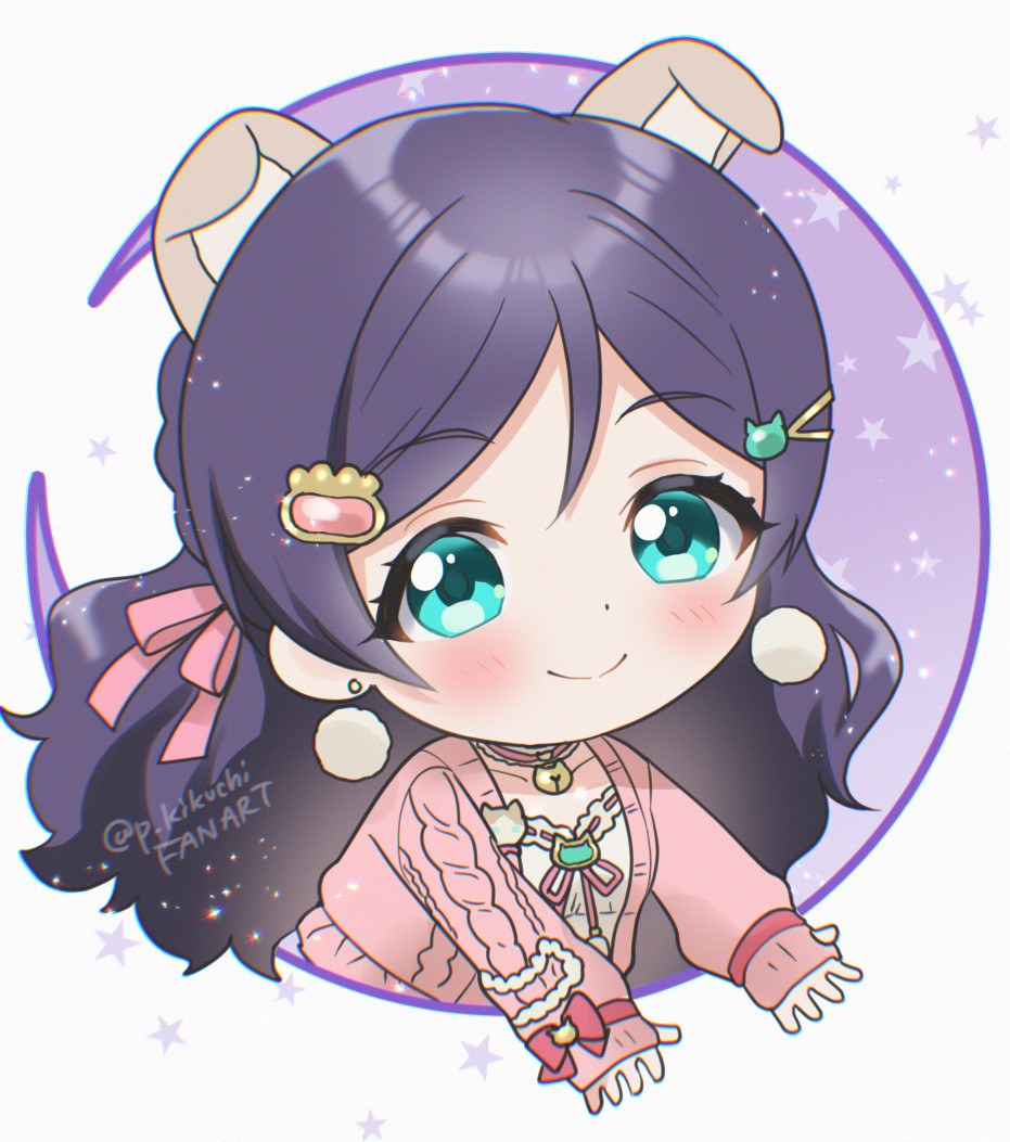 1girl animal_ears aqua_eyes bell blush cable_knit cat_ears chibi closed_mouth commentary crescent earrings eyebrows_visible_through_hair hair_ornament hair_ribbon hairclip jewelry jingle_bell kikuchi_mataha long_hair looking_at_viewer love_live! love_live!_school_idol_festival_all_stars love_live!_school_idol_project neck_bell pink_ribbon pink_sweater purple_hair ribbon simple_background single_bang smile solo star_(symbol) sweater tareme toujou_nozomi twitter_username wavy_hair white_background
