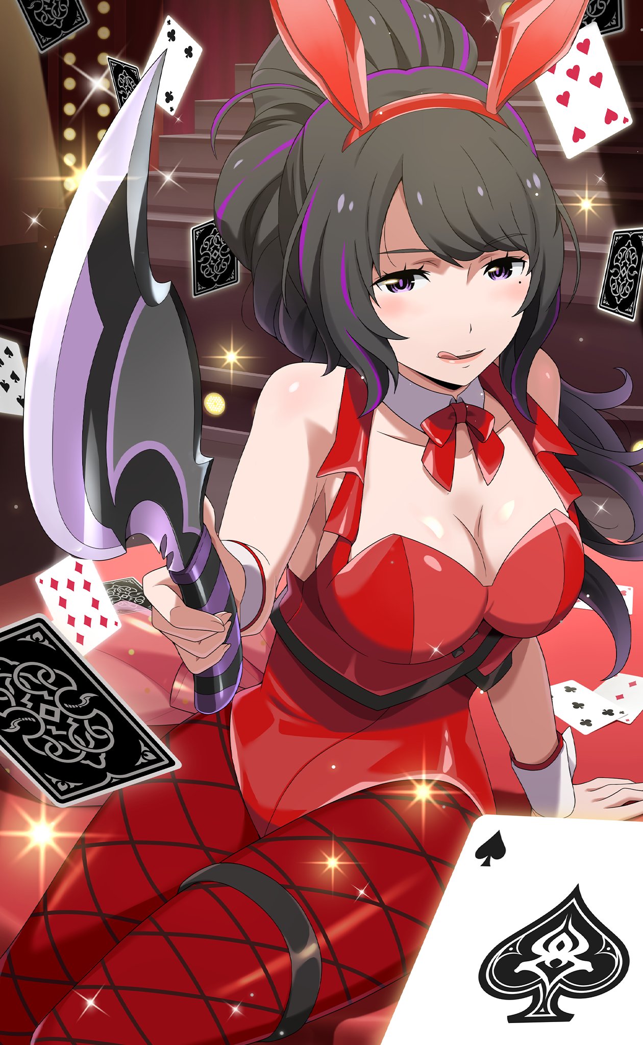 1girl ace_of_spades alternate_costume alternate_hairstyle black_hair bow bowtie breasts club_(shape) detached_sleeves diamond_(shape) elsa_granhilte fishnet_legwear fishnets heart high_ponytail highres holding holding_knife indoors knife large_breasts leotard licking_lips long_hair looking_at_viewer mole mole_under_eye multicolored_hair official_art pantyhose playboy_bunny purple_hair re:zero_kara_hajimeru_isekai_seikatsu red_legwear red_leotard sitting spade_(shape) streaked_hair thigh_strap tongue tongue_out traditional_bowtie violet_eyes wrist_cuffs