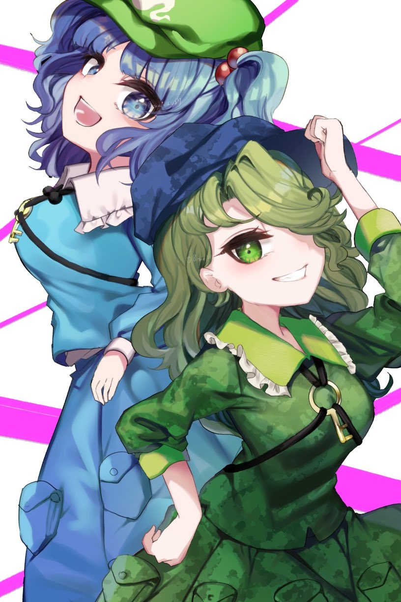 2girls arm_up artist_name bangs blue_eyes blue_hair blue_headwear blue_skirt blue_vest breasts closed_mouth commentary_request eyebrows_visible_through_hair eyes_visible_through_hair frills green_eyes green_hair green_headwear green_shirt green_skirt grey_shirt hair_between_eyes hair_bobbles hair_ornament hand_on_headwear hand_on_hip hand_up hat highres ishikawa_sparerib kawashiro_nitori key_necklace large_breasts long_sleeves looking_at_viewer medium_breasts medium_hair multiple_girls open_mouth pink_background pocket puffy_long_sleeves puffy_sleeves shirt short_hair short_twintails skirt smile standing teeth tongue touhou twintails vest white_background yamashiro_takane