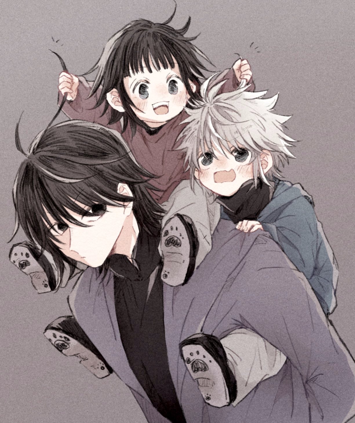 1other 2boys :d alluka_zoldyck bangs black_footwear blunt_bangs blush brothers carrying child fang grey_background grey_hair grey_pants hair_over_eyes hand_on_another's_shoulder highres holding_another's_hair hood hood_down hunter_x_hunter illumi_zoldyck jacket killua_zoldyck long_sleeves looking_at_viewer looking_away looking_down looking_up male_child male_focus multiple_boys necomu open_mouth outstretched_arms pants paw_print piggyback shoe_soles shoulder_carry siblings simple_background skin_fang smile turtleneck younger