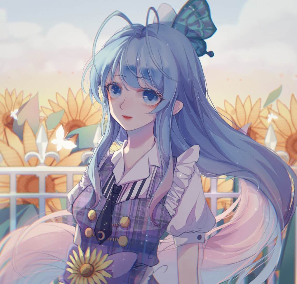 1girl big_eyes butterfly_hair_ornament clouds collared_dress douluo_dalu dress flower hair_ornament jiu_zui_lan_qin_rao_yin_shuang long_hair multicolored_hair necktie ribbon short_sleeves sky smile solo sparkle sunflower tang_wutong_(douluo_dalu) upper_body