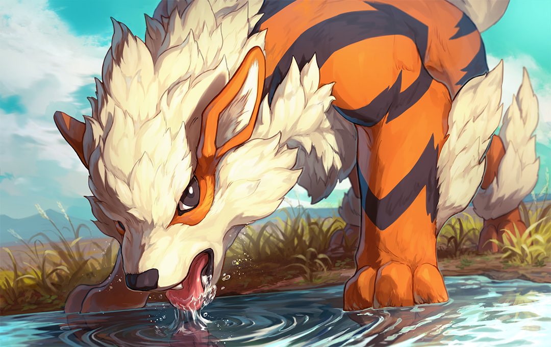 arcanine bright_pupils brown_eyes clouds commentary_request day drinking grass licking looking_at_viewer no_humans open_mouth outdoors pokemon pokemon_(creature) ripples sky solo tongue water white_pupils yamamura_le