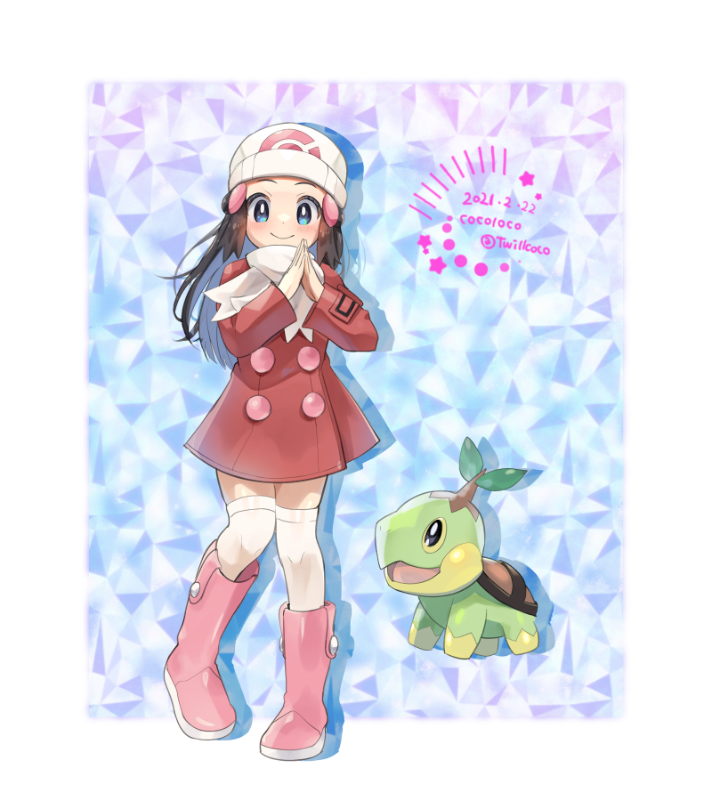 1girl artist_name beanie black_hair blue_eyes blush boots buttons closed_mouth coat cocoloco commentary_request dated hair_ornament hairclip hat hikari_(pokemon) long_hair own_hands_together pigeon-toed pink_footwear poke_ball_print pokemon pokemon_(creature) pokemon_(game) pokemon_dppt pokemon_platinum red_coat scarf smile thigh-highs turtwig twitter_username white_headwear white_legwear white_scarf