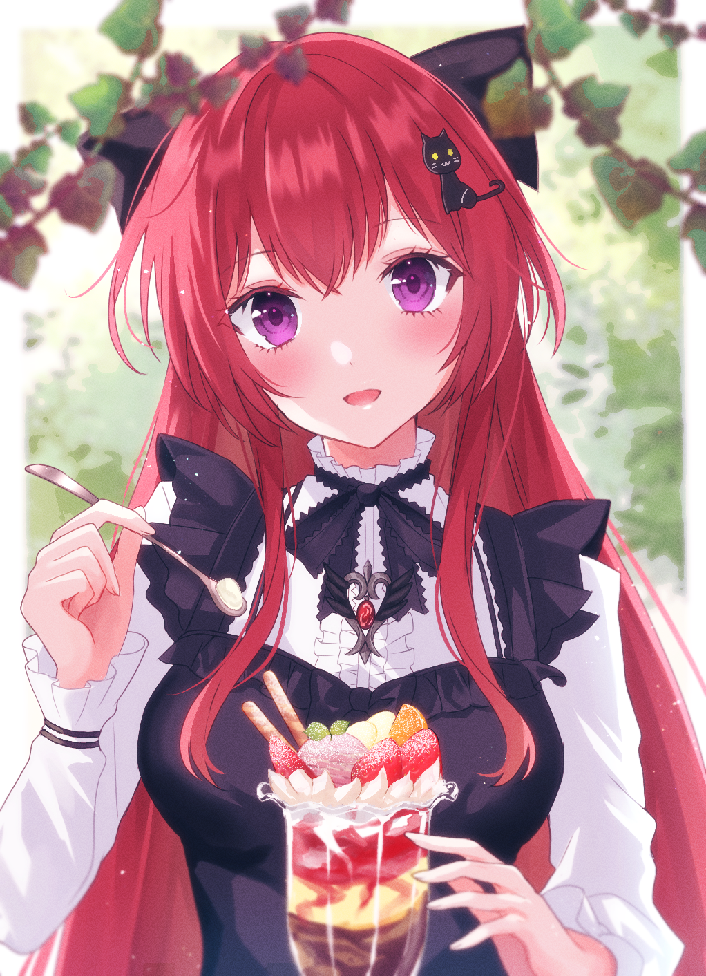 1girl blush bow cat_hair_ornament food frills fruit hair_bow hair_ornament highres holding holding_spoon looking_at_viewer original parfait redhead solo spoon strawberry su2525 violet_eyes