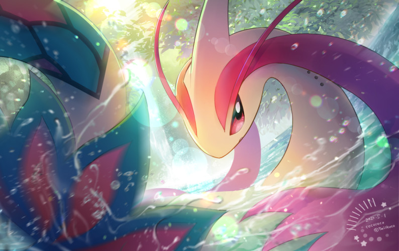 artist_name cocoloco commentary_request dated day lens_flare milotic no_humans outdoors partially_submerged pokemon pokemon_(creature) red_eyes solo twitter_username water