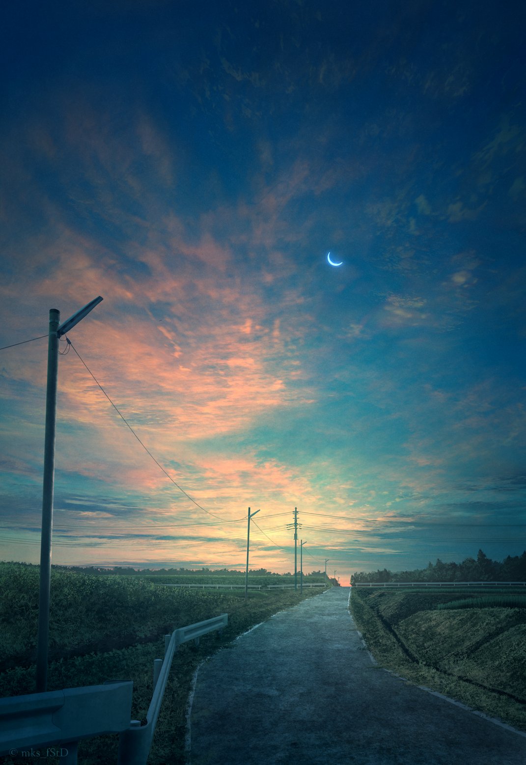 clouds commentary_request crescent crescent_moon gradient_sky highres horizon mks moon nature night night_sky no_humans original outdoors power_lines road scenery sky sunrise twilight