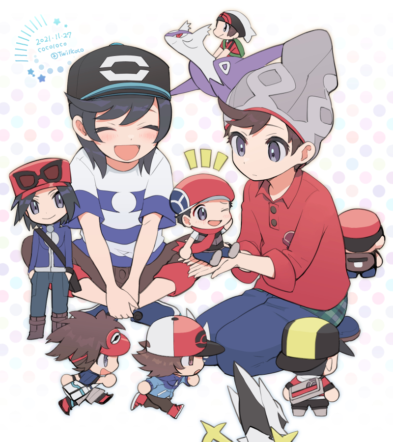 6+boys :d arceus artist_name bangs baseball_cap beanie black_hair black_headwear brendan_(pokemon) brown_hair buttons cable_knit calem_(pokemon) capri_pants chibi closed_eyes closed_mouth cocoloco commentary_request dated elio_(pokemon) ethan_(pokemon) grey_headwear hat hilbert_(pokemon) latios lucas_(pokemon) mega_latios mega_pokemon miniboy multiple_boys nate_(pokemon) notice_lines open_mouth pants plaid pokemon pokemon_(creature) pokemon_(game) pokemon_bw pokemon_bw2 pokemon_oras pokemon_sm pokemon_swsh pokemon_xy red_shirt riding riding_pokemon running shirt sitting sleeves_rolled_up smile star_(symbol) striped striped_shirt swept_bangs t-shirt twitter_username victor_(pokemon)