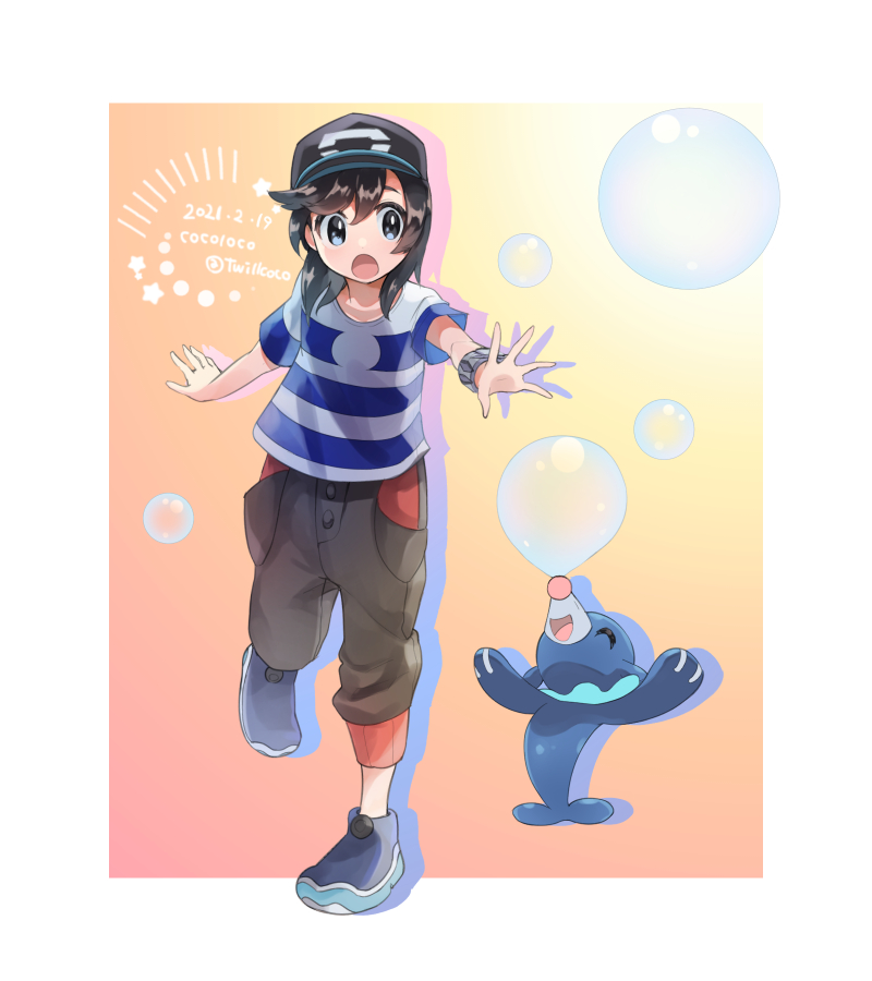 1boy artist_name bangs baseball_cap black_headwear border bracelet brown_hair bubble capri_pants cocoloco commentary_request dated elio_(pokemon) full_body grey_eyes hat jewelry leg_up male_focus medium_hair open_mouth pants pokemon pokemon_(game) pokemon_sm popplio shiny shiny_hair shirt shoes striped striped_shirt swept_bangs t-shirt tongue twitter_username white_border z-ring