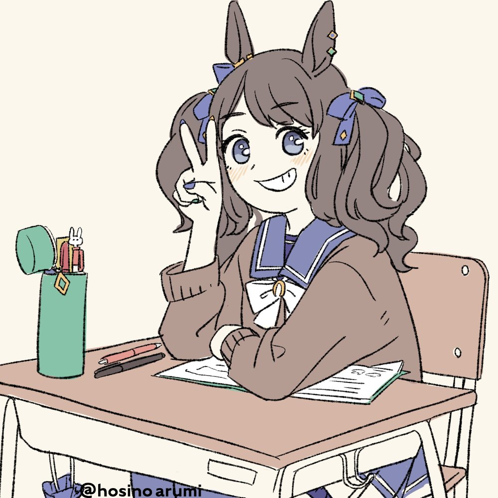 1girl animal_ears arm_on_table bangs blue_eyes blush bow bowtie brown_hair brown_jacket chair desk ear_piercing elbow_on_table grin hand_up horse_ears hoshino_arumi jacket long_hair long_sleeves looking_at_viewer mechanical_pencil notebook open_mouth pen pencil pencil_case piercing purple_shirt purple_skirt sailor_collar school_chair school_desk shirt simple_background sitting skirt smile solo teeth tosen_jordan_(umamusume) twintails twitter_username umamusume upper_body v white_bow white_bowtie