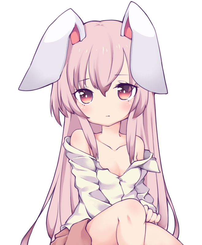 1girl animal_ears bangs bare_shoulders blush breasts buttons closed_mouth collarbone cycloneyukari dress eyebrows_visible_through_hair eyes_visible_through_hair hair_between_eyes light_purple_hair long_hair long_sleeves looking_at_viewer pink_skirt purple_dress rabbit_ears red_eyes reisen_udongein_inaba shirt simple_background sitting skirt small_breasts solo touhou white_background white_shirt
