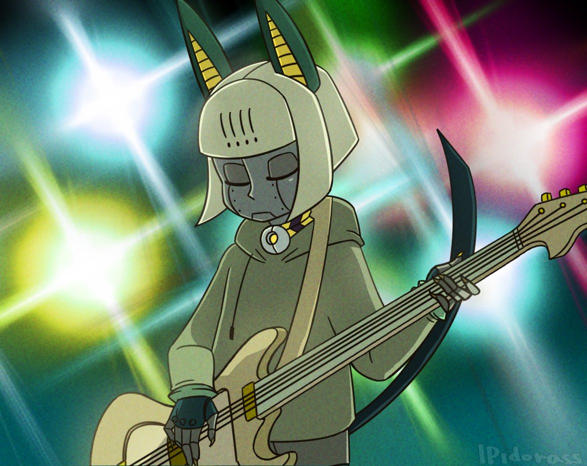 1990s_(style) 1girl bad_link closed_eyes closed_mouth electric_guitar firemauer guitar holding instrument retro_artstyle robo-fortune short_hair simple_background skullgirls solo standing upper_body